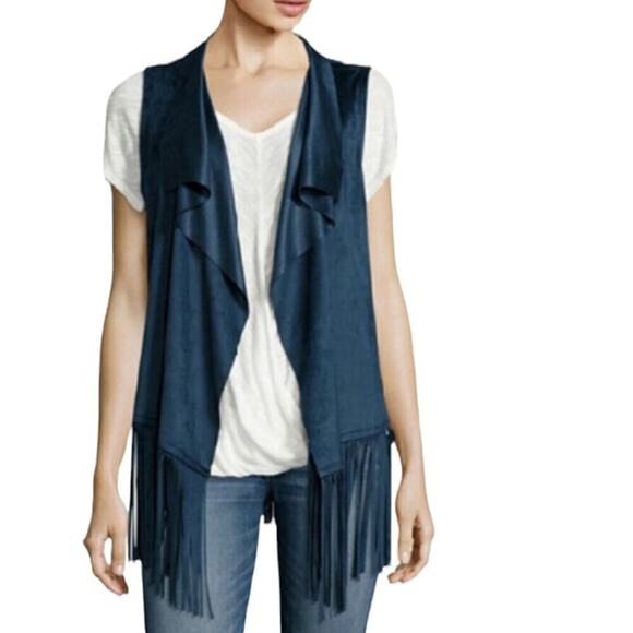 Country Faux Suede Fringe Vest Blue Accent Layer Western Style Small Waterfall S - Picture 1 of 6